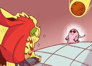 bandages black_eyes digimon digimon_(creature) jojo_no_kimyou_na_bouken looking_at_another meme meteor mochimon muchomon oh?_you&#039;re_approaching_me?_(meme) parody walking what