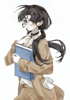Rule 34 | 1girl, adjusting collar, alternate costume, black choker, black hair, book, brown coat, brown skirt, chinese commentary, choker, coat, commentary request, glasses, hands up, highres, holding, holding book, hugging book, hugging object, jingshen kongji, liang yue (reverse:1999), long hair, looking at viewer, low twintails, parted lips, reverse:1999, round eyewear, shirt, skirt, solo, teardrop-framed glasses, twintails, upper body, white background, white shirt, yellow eyes