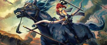 1girl absurdres aiming ancient_greek_clothes animal arrow_(projectile) black_horse blue_ribbon bow_(weapon) closed_mouth cloud commentary fate/strange_fake fate_(series) greco-roman_clothes hair_ribbon highres hippolyta_(fate) holding holding_bow_(weapon) holding_weapon horse horseback_riding outdoors red_hair ribbon riding sonic1nstinct weapon yellow_eyes