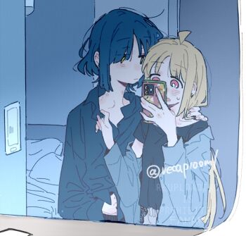 2girls ahoge bite_mark bite_mark_on_neck black_shirt blonde_hair blue_hair blue_shirt bocchi_the_rock! cellphone closed_mouth collared_shirt commentary_request hand_on_another&#039;s_shoulder hickey holding holding_phone ijichi_nijika long_hair looking_at_another multiple_girls phone red_eyes ree_(re-19) shirt short_hair smartphone yamada_ryo yellow_eyes yuri