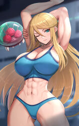 1girl 1other abs absurdres alien alternate_breast_size_(larger) arms_behind_head arms_up bad_anatomy biceps blonde_hair blue_bra blue_panties blurry blurry_background bra breasts bursting_pectorals cleavage cowboy_shot curvy eyebrows_hidden_by_hair eyelashes female_focus gluteal_fold gonzarez green_eyes highres huge_breasts impossible_clothes linea_alba lips long_hair looking_at_viewer mature_female metroid metroid_(creature) midriff mole mole_under_mouth muscular muscular_arms muscular_female muscular_legs nail_polish narrow_waist navel nintendo no_pants obliques one_eye_closed panties pinup_(style) samus_aran sideboob skin_tight solo solo_focus spacecraft sports_bra sportswear thick_thighs thighs tight_clothes toned toned_female triceps twitter_username underwear underwear_only video_game watermark wide_hips
