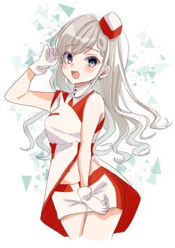 1girl :d arm_up bare_shoulders blush braid braided_bangs breasts cropped_legs dress earrings gloves grey_hair hat highres hisakawa_hayate idolmaster idolmaster_cinderella_girls idolmaster_cinderella_girls_starlight_stage jewelry long_hair looking_at_viewer medium_breasts mini_hat navel open_mouth rino_cnc short_shorts shorts sleeveless sleeveless_dress smile solo tilted_headwear very_long_hair voy@ger_(idolmaster) white_dress white_gloves white_hat white_shorts