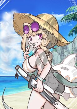 1girl absurdres animal_ears aqua_nails arknights beach bikini blonde_hair blue_sky blue_tail breasts coconut_tree cup drinking eyewear_on_head hat highres himajin_(fd_jin) holding holding_cup holding_sword holding_weapon large_breasts looking_at_viewer ocean outdoors palm_tree purple_eyes short_shorts shorts sky smile solo straw_hat striped_bikini striped_clothes sun_hat swimsuit sword tree utage_(arknights) utage_(summer_flowers)_(arknights) weapon