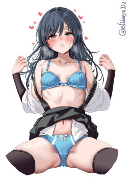 1girl asashio_(kancolle) bare_shoulders black_hair black_skirt blue_bra blue_eyes blue_panties blush bow bow_bra bow_panties bra breasts clothes_lift collarbone commentary_request cropped_legs ebifurya hands_up heart heart-shaped_pupils heavy_breathing highres kantai_collection long_hair looking_at_viewer navel off_shoulder one-hour_drawing_challenge open_clothes open_shirt panties pleated_skirt ribs shirt short_sleeves simple_background skirt skirt_lift small_breasts solo spread_legs suspender_skirt suspenders symbol-shaped_pupils twitter_username underwear white_background white_shirt