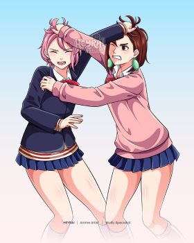 2girls artist_name ayase_momo black_jacket bow brown_eyes brown_hair clenched_teeth closed_eyes commentary commission dandadan earrings english_commentary fighting grabbing_another&#039;s_hair heyreza.art highres holding_another&#039;s_hair jacket jewelry miniskirt multiple_girls one_eye_closed open_mouth pink_hair pink_sweater pleated_skirt red_bow scene_reference school_uniform shiratori_aira_(dandadan) short_hair skirt socks sweater teeth watermark white_socks