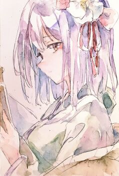 Rule 34 | 1girl, absurdres, closed mouth, commentary, flower, green kimono, hair flower, hair ornament, hieda no akyuu, highres, holding, holding scroll, japanese clothes, kamu kotan, kimono, medium hair, purple hair, scroll, solo, touhou, traditional media, upper body, white flower, yellow kimono