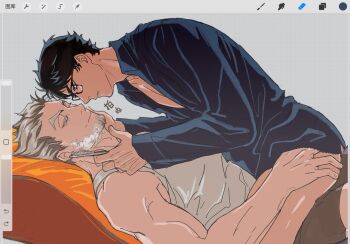 2boys akaashi_keiji art_program_in_frame black-framed_eyewear black_hair blue_shirt bokuto_koutarou bottomless brown_pants closed_eyes closed_mouth collared_shirt commentary english_commentary facial_hair glasses goatee grey_hair haikyuu!! hand_on_own_ass highres koukiki9 male_focus multiple_boys pants shaving shaving_cream shirt tank_top thick_eyebrows thighs white_tank_top yaoi
