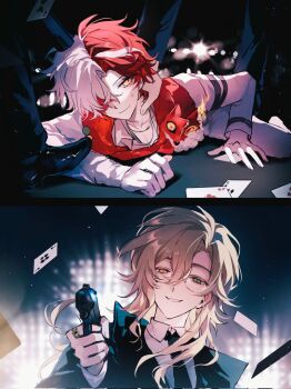 4boys aiming aiming_at_viewer black_jacket black_necktie blonde_hair card commentary dress_shoes english_commentary especiala floating_card floating_hair florian_brand florian_brand_(spirit_fox) formal_clothes glasses gloves green_eyes grin gun hair_between_eyes hair_intakes hair_over_one_eye hand_on_another&#039;s_neck head_tilt held_down heterochromia highres holding holding_gun holding_weapon identity_v jacket jewelry looking_at_viewer lying male_focus mole mole_under_mouth multicolored_hair multiple_boys necktie official_alternate_costume out_of_frame pale_skin pants playing_card red_hair red_scarf restrained richard_sterling richard_sterling_(art_dealer) ring scarf semi-rimless_eyewear shirt single_glove small_sweatdrop smile split-color_hair suit wavy_hair weapon white_gloves white_hair white_jacket white_pants white_shirt white_streaks yellow_eyes