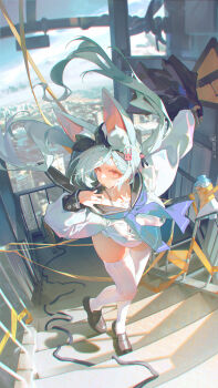 1girl animal_ear_fluff animal_ears black_sailor_collar black_shoes blue_hair blue_neckerchief bow_hairband breasts commentary_request floating_hair full_body hair_ornament hairband highres large_breasts leaning_forward long_hair megaphone neckerchief original rabbit_hair_ornament red_eyes ribao sailor_collar shirt shoes solo stairs standing standing_on_one_leg thick_eyebrows thighhighs tongue tongue_out twintails very_long_hair white_shirt white_thighhighs