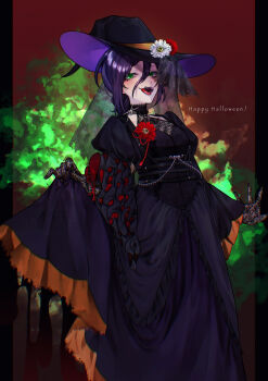 1girl black_dress black_hat chainsaw_man clothes_lift dress dress_lift flower gloves green_eyes hair_between_eyes hat hat_flower highres lace lace_gloves looking_at_viewer niki_(pixiv6116203) purple_hair red_flower reze_(chainsaw_man) solo tongue tongue_out white_flower witch_hat