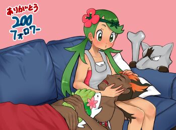 1boy 1girl alolan_form alolan_marowak black_hair bone closed_eyes couch dark-skinned_male dark_skin drooling gen_4_pokemon gen_7_pokemon green_eyes green_hair hetero highres kiawe_(pokemon) lap_pillow legendary_pokemon mallow_(pokemon) multicolored_hair mythical_pokemon nail_polish nintendo on_couch pokemon pokemon_(anime) pokemon_(creature) pokemon_sm_(anime) red_hair red_nails saliva shaymin shaymin_(land) sleeping two-tone_hair yamashita_momiyo