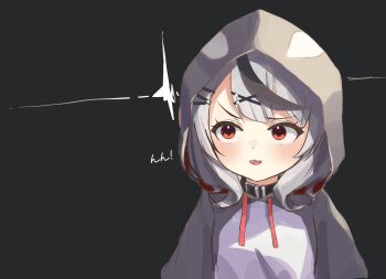 ! :3 alternate_costume black_background black_hair black_neckerchief commentary_request cosplay dot_nose grey_hair hair_ornament highres hololive kigurumi light_blush long_hair looking_to_the_side multicolored_hair neckerchief nema_029 open_mouth pajamas red_eyes sakamata_chloe simple_background virtual_youtuber