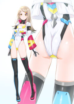 1girl alice_gear_aegis ass black_thighhighs blonde_hair color_connection colored_eyelashes cosplay full_body gakuen_idolmaster gloves hair_color_connection hair_ornament hairclip highleg highleg_leotard highres idolmaster jacket leotard long_hair looking_at_viewer lowlegist multicolored_gloves multicolored_jacket multiple_views orange_eyes rakuhana_meru rakuhana_meru_(cosplay) shinosawa_hiro thighhighs two-tone_gloves white_gloves white_leotard