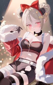 1girl absurdres animal_ears bare_shoulders belt black_choker black_gloves black_shirt black_shorts black_thighhighs blonde_hair blurry bokeh bow breasts choker commission crop_top depth_of_field double_bun fake_animal_ears fur-trimmed_jacket fur_trim girls&#039;_frontline gloves hair_bow hair_bun hair_ornament hairclip hand_up highres jacket looking_at_viewer medium_breasts medium_hair midriff moemoepiano navel off_shoulder official_alternate_costume open_clothes open_jacket p90_(girls&#039;_frontline) p90_(scarlet_turbo)_(girls&#039;_frontline) parted_lips partially_unzipped pixiv_commission red_eyes red_jacket shirt short_shorts shorts sitting sleeveless sleeveless_shirt solo stomach thigh_strap thighhighs torn_clothes torn_shorts