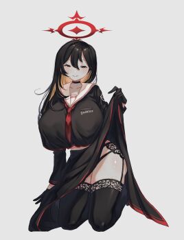 Rule 34 | 1girl, alternate breast size (larger), binah (project moon), black choker, black eyes, black gloves, black hair, black thighhighs, blonde hair, blue archive, breasts, choker, clothes lift, colored inner hair, cosplay, ee extension 02, garter belt, gloves, halo, hasumi (blue archive), hasumi (blue archive) (cosplay), highres, huge breasts, kneeling, library of ruina, long hair, looking at viewer, multicolored hair, necktie, parted lips, project moon, red halo, red necktie, sailor collar, simple background, skirt, skirt lift, smile, solo, thighhighs, white background, white sailor collar