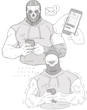 1boy artist_name bara broken_phone call_of_duty call_of_duty:_modern_warfare_2 ghost_(modern_warfare_2) greyscale highres holding holding_phone hood hood_down hoodie ives_navarro large_pectorals male_focus mask monochrome muscular muscular_male pectorals phone skull_mask sleeveless sleeveless_hoodie soap_(modern_warfare_2) solo veins veiny_arms