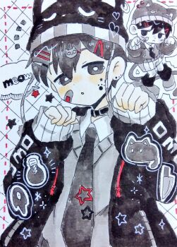 2boys :< alternate_costume animal_hat bandaid bandaid_on_cheek bandaid_on_face black_choker black_eyes black_hair black_jacket black_necktie cat_hat chibi choker closed_mouth collared_shirt colored_skin commentary_request dual_persona geldslzcyf59548 grey_sweater_vest hair_ornament hairclip hat jacket male_focus multiple_boys necktie omori omori_(omori) open_clothes open_jacket parallel_hairclips shirt sunny_(omori) sweater_vest white_shirt white_skin