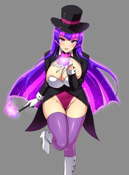1girl absurdres bow breasts cleavage dc_comics dc_super_hero_girls gloves hat high_heels highres holding holding_wand large_breasts leotard long_hair looking_at_viewer magic multicolored_hair pink_hair purple_eyes purple_hair smile sole_gem solo standing standing_on_one_leg thighhighs top_hat wand white_gloves zatanna_zatara