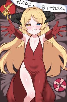 1girl absurdres artist_request bare_shoulders bed_sheet black_horns blonde_hair blue_eyes blush box commission covered_navel dress elbow_gloves flat_chest from_above gift gift_box gloves grin happy_birthday heart-shaped_box heterochromia highres horns long_hair looking_at_viewer looking_up lying on_back original pointy_ears reaching reaching_towards_viewer red_dress red_gloves second-party_source sleeveless sleeveless_dress smile solo yellow_eyes