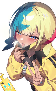 1girl absurdres aqua_hair bandeau black_mask blonde_hair breasts canari_(pokemon) commentary criss-cross_halter halterneck highres jacket mask mask_pull mega_stone mouth_mask multicolored_hair nintendo pokemon pokemon_legends:_z-a sen_light short_twintails solo split-color_hair sweat tongue tongue_out twintails two-tone_mask upper_body yellow_bandeau yellow_jacket yellow_mask