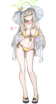1girl absurdres bekkuro bikini blue_archive commentary_request flower front-tie_bikini_top front-tie_top green_eyes green_halo halo hat hat_flower highres nonomi_(blue_archive) nonomi_(swimsuit)_(blue_archive) official_alternate_costume side-tie_bikini_bottom solo string_bikini sun_hat swimsuit white_hat yellow_bikini