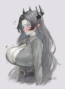 1girl alternate_costume arknights bell bell_earrings belt black_belt breast_slip breasts bursting_breasts cokuto1 commentary_request covering_privates earrings embarrassed facial_mark facial_tattoo flying_button forehead_jewel forehead_mark huge_breasts jewelry large_breasts nipple_slip nipples pointy_ears popped_button solo surprised tattoo valarqvin_(arknights) wardrobe_malfunction