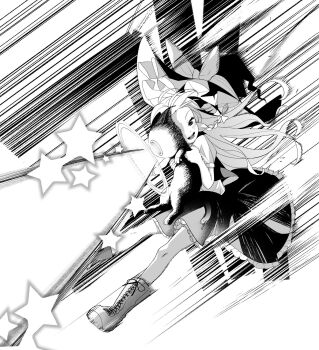 1girl artist_self-insert blush boots bow braid commentary_request creature frilled_skirt frills greyscale hair_bow hat hat_bow highres holding holding_creature kirisame_marisa lace-up_boots long_hair monochrome nodoguro_(phi-tan) one-eyed open_mouth original puffy_short_sleeves puffy_sleeves short_sleeves side_braid single_braid skirt smile solo star_(symbol) touhou very_long_hair vest witch_hat