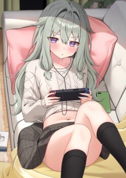 1girl aran_sweater black_socks blush brown_skirt brown_sweater cable_knit cellphone charl2837 check_commentary closed_mouth collarbone commentary commentary_request convenient_leg couch curtains dot_nose earbuds earphones feet_out_of_frame fingernails green_hair hair_between_eyes hair_flaps handheld_game_console highres holding holding_handheld_game_console indoors kneehighs knees_up kusanagi_nene long_fingernails long_hair long_sidelocks long_sleeves looking_at_viewer low-tied_sidelocks lying midriff midriff_peek miniskirt navel nintendo_switch on_back on_couch phone pillow plant pleated_skirt potted_plant project_sekai purple_eyes ribbed_socks sidelocks skirt smartphone socks solo sweater