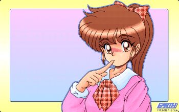 Rule 34 | 1girl, artist logo, blue outline, blush, border, bow, brown bow, brown eyes, brown hair, brown neckerchief, closed mouth, commentary request, contrast collar, dated, dated commentary, dithering, earth (earth cg gallery), finger to mouth, gradient background, hair bow, hand up, high ponytail, logo, long hair, long sleeves, looking at viewer, neckerchief, original, outline, outside border, pc-98 (style), pink shirt, pixel art, plaid bow, plaid clothes, plaid neckerchief, ponytail, portrait, round collar, rounded corners, shirt, sidelocks, solo, yellow border