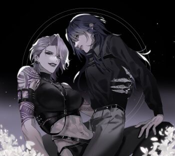 2girls abs arm_tattoo black_background black_hair black_pants black_shirt bybymkmk chief_(path_to_nowhere) collared_shirt commentary_request crop_top ear_piercing earrings female_chief_(path_to_nowhere) grey_hair grey_pants half-closed_eyes hand_on_another&#039;s_waist highres jewelry long_hair long_sleeves looking_at_viewer medium_hair multiple_girls pants parted_lips path_to_nowhere piercing shirt shoulder_tattoo sitting sitting_on_lap sitting_on_person sleeveless sleeveless_shirt tattoo toned toned_female yuri zoya_(path_to_nowhere)