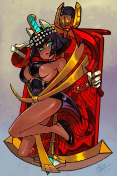 1girl alex_ahad aqua_eyes black_dress black_hair black_shoes blunt_bangs blunt_ends breasts cleavage commentary dark-skinned_female dark_skin dress eliza_(skullgirls) english_commentary high_heels highres large_breasts looking_at_viewer shoes short_hair sideboob signature skeletal_arm skullgirls solo