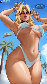 1girl absurdres alternate_costume artist_name beach bikini blonde_hair blue_eyes blue_nails blue_sky bracelet breasts day double_v echo_saber english_text highres jewelry large_breasts looking_at_viewer marvel marvel_rivals navel one_eye_closed orange-tinted_eyewear outdoors palm_leaf patreon_logo patreon_username sky speech_bubble sue_storm sunglasses swimsuit tinted_eyewear v watermark web_address white_bikini