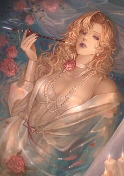 1girl blonde_hair breasts cleavage commentary english_commentary floating flower highres holding holding_smoking_pipe jewelry long_hair necklace partially_submerged path_to_nowhere pearl_necklace renepolumorfous rose smoking_pipe solo vautour_bleu_(path_to_nowhere)