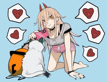 1girl absurdres animal black_choker black_nails blue_background chainsaw_man choker cross-shaped_pupils demon_horns grey_shirt heart highres horns kneeling long_hair looking_at_viewer meowy_(chainsaw_man) orange_hair pink_shorts pochita_(chainsaw_man) power_(chainsaw_man) sailen0 shirt shorts symbol-shaped_pupils taking_picture