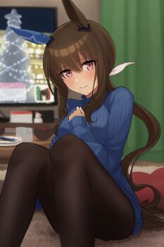 1girl absurdres admire_vega_(umamusume) animal_ears black_pantyhose blue_sweater blurry blurry_background blush bowl breasts brown_hair calendar_(object) carpet commentary_request curtains ear_covers hand_on_own_chest heart heart-shaped_pillow highres horse_ears horse_girl horse_tail hukahito indoors knees_up light_blush lips long_hair medium_breasts pantyhose pillow plate ponytail purple_eyes sidelocks sitting smile solo sweater table tail television umamusume