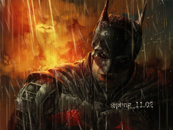 1boy armor artist_name bat_signal batman batman_(series) batman_symbol black_armor black_cape black_horns black_mask cape commentary cowl dc_comics english_commentary head_tilt highres horns looking_at_viewer male_focus open_mouth phng_11_02 rain solo superhero_costume the_batman_(2022) upper_body wet