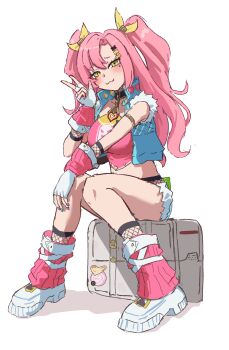 1girl :3 breasts commentary_request crop_top denim denim_shorts denim_vest fingerless_gloves fishnet_panties fishnet_shorts fishnet_sleeves fishnet_socks fishnets fur-trimmed_vest fur_trim ghost_print gloves green_eyes hair_ribbon hand_up highres knees_together_feet_apart large_breasts leg_warmers long_hair looking_at_viewer mole mole_under_eye navel nicole_demara nicole_demara_(cunning_cutie) official_alternate_costume pink_hair pink_leg_warmers pink_tube_top ribbon ryoha_kosako shorts simple_background sitting socks solo strapless suitcase thighs tube_top v vest white_background yellow_ribbon zenless_zone_zero
