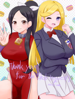 Rule 34 | 2girls, absurdres, aqua eyes, black hair, blonde hair, blue eyes, blush, bow, bowtie, bracelet, breasts, brown eyes, china dress, chinese clothes, commentary request, dress, hair tie, highres, insignia, jewelry, kiss players, large breasts, li shaoshao, lock, long hair, looking at viewer, minerva (human) (transformers), multiple girls, neruth, one eye closed, open mouth, red bow, red bowtie, school uniform, skirt, smile, standing, transformers, transformers super-god masterforce, v