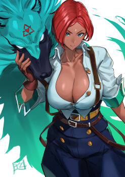 1girl absurdres belt breasts brown_belt brown_gloves cleavage commentary_request dark-skinned_female dark_skin dog giovanna_(guilty_gear) gloves green_dog green_eyes green_fur guilty_gear guilty_gear_strive high-waist_pants highres juaag_acgy large_breasts looking_at_viewer multiple_belts pants parted_bangs partially_unbuttoned red_hair rei_(guilty_gear) short_hair simple_background sleeves_pushed_up solo suspenders suspenders_hanging white_background wolf yellow_belt