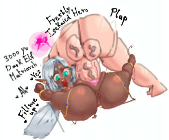 1boy 1girl ass curvy dark_elf dark_skin elf grey_hair huge_ass impregnation large_testicles mating_press pointy_ears repaintherethicc requesting_impregnation testicles