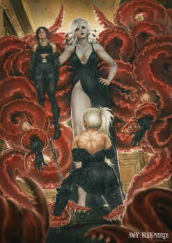 3girls abs absurdres black_dress black_footwear black_hair black_leggings black_lips black_nails black_sclera boots breasts closed_mouth colored_sclera colored_skin defeat detached_arm dismemberment dress gloves gradient_hair highres kuon_(kwonchanji) large_breasts leggings lifting_another&#039;s_clothes multicolored_hair multiple_girls muscular muscular_back muscular_female nail_polish pleated_skirt red_eyes red_hair ruby_rose rwby salem_(rwby) scar severed_arm severed_limb side_ponytail side_slit skirt sports_bra standing sword tall_female tentacles two-tone_hair weapon weiss_schnee white_background white_hair white_skin