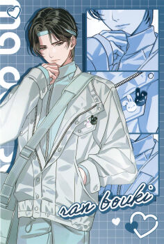 1boy absurdres alternate_costume alternate_hair_length alternate_hairstyle badge bag black_hair blue_background blue_headband blue_pants blue_shirt character_name closed_mouth contemporary cowboy_shot curtained_hair english_text gearous hand_in_pocket hand_on_own_chin headband heart highres jacket lan_wangji long_sleeves looking_at_viewer male_focus modao_zushi multiple_views official_art pants parted_bangs shirt short_hair shoulder_bag solo third-party_source white_jacket yellow_eyes zipper zipper_pull_tab