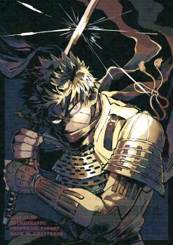 1boy armor black_background black_hair black_scarf blue_background breastplate doudanuki_masakuni facial_scar floating_scarf frown glint grayterre highres holding holding_sword holding_weapon japanese_clothes katana looking_at_viewer male_focus pauldrons scar scar_on_cheek scar_on_face scar_on_hand scarf sepia shoulder_armor single_pauldron solo sword touken_ranbu two-tone_background uchigatana weapon yellow_eyes