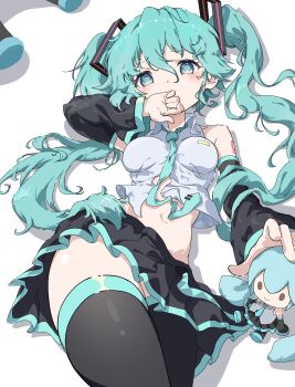 1girl absurdres aqua_eyes aqua_hair aqua_necktie black_skirt black_sleeves black_thighhighs chibi chibi_inset commentary_request crop_top detached_sleeves grey_shirt hand_on_own_face hatsune_miku highres kou_koufu lying navel necktie on_back shirt skirt sleeveless sleeveless_shirt thighhighs thighs vocaloid zettai_ryouiki