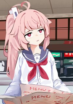 1girl absurdres ahoge blue_archive blue_sailor_collar cardigan halo highres holding holding_menu long_hair menu natsu_(blue_archive) neckerchief parted_lips pink_hair pink_halo red_eyes red_neckerchief remise sailor_collar side_ponytail solo upper_body white_cardigan