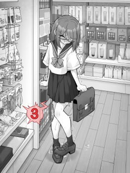 Rule 34 | 1girl, bag, blush, closed eyes, commentary request, flat chest, glasses, highres, holding, holding bag, implied vibrator, indoors, kakuremino7928, large variant set, medium hair, miniskirt, monochrome, original, paid reward available, parted lips, pleated skirt, pussy juice, sailor collar, sailor shirt, school uniform, semi-rimless eyewear, serafuku, shirt, shoes, short sleeves, skirt, socks, solo, standing, sweat, trembling, under-rim eyewear, variant set