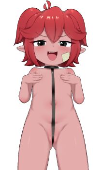 1girl :d absurdres bandaid bandaid_on_cheek bandaid_on_face beebz_(demon_turf) black_eyes blush commentary covering_breasts covering_privates cowboy_shot demon_girl demon_turf english_commentary fang flat_chest freckles frontal_wedgie highres loli looking_at_viewer mesugaki naughty_face navel open_mouth partially_visible_vulva pointy_ears red_hair shino_(shinokani) simple_background smile solo two_side_up v-shaped_eyebrows wedgie white_background