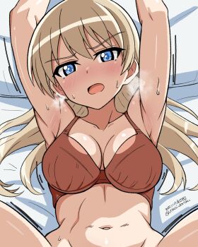 1girl absurdres armpits blonde_hair blue_eyes blush breasts cleavage collarbone dated hanna-justina_marseille highres implied_sex large_breasts long_hair looking_at_viewer navel open_mouth signature solo strike_witches sweat unkai_daraku world_witches_series
