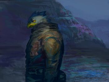 1boy bird_boy blue_feathers commentary_request feathers furry furry_male green_jacket jacket looking_at_viewer male_focus nagabe original outdoors solo upper_body yellow_eyes