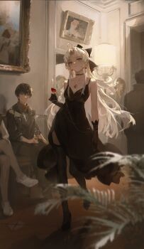 1girl absurdres ahoge alcohol alternate_costume bare_shoulders black_choker black_dress black_gloves black_hair black_thighhighs blue_eyes blurry blurry_foreground bow carlotta_(wuthering_waves) champagne_flute choker closed_mouth commentary crossed_legs cup dino_(dinoartforame) dress drinking_glass earrings gloves hair_bow hashtag-only_commentary high_heels highres indoors jewelry lampshade long_hair looking_at_another necklace painting_(object) parted_bangs picture_frame plant red_scarf revision scarf short_hair sitting smile standing thighhighs tile_floor tiles very_long_hair white_hair wuthering_waves